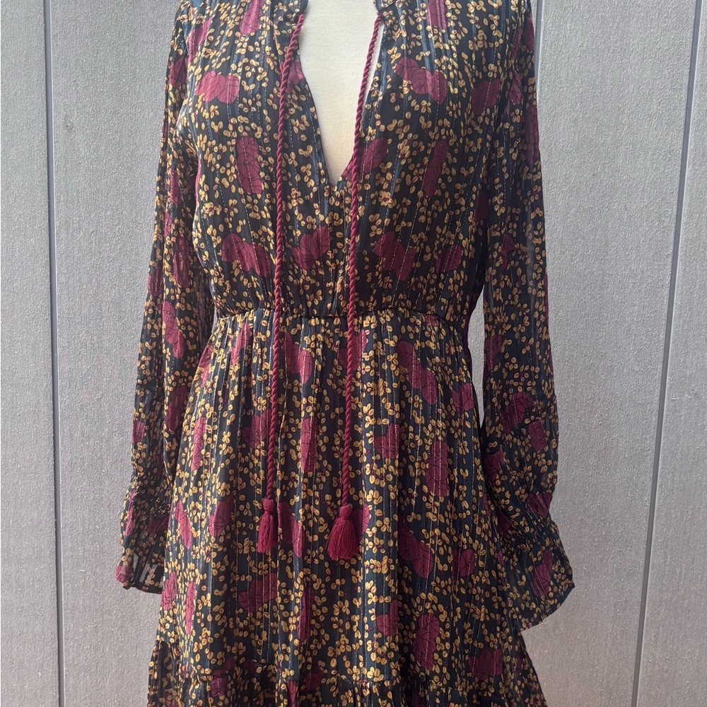 RAGA Anthropologie  Floral Tie-Front Long Sleeve Dress in Black and Burgundy